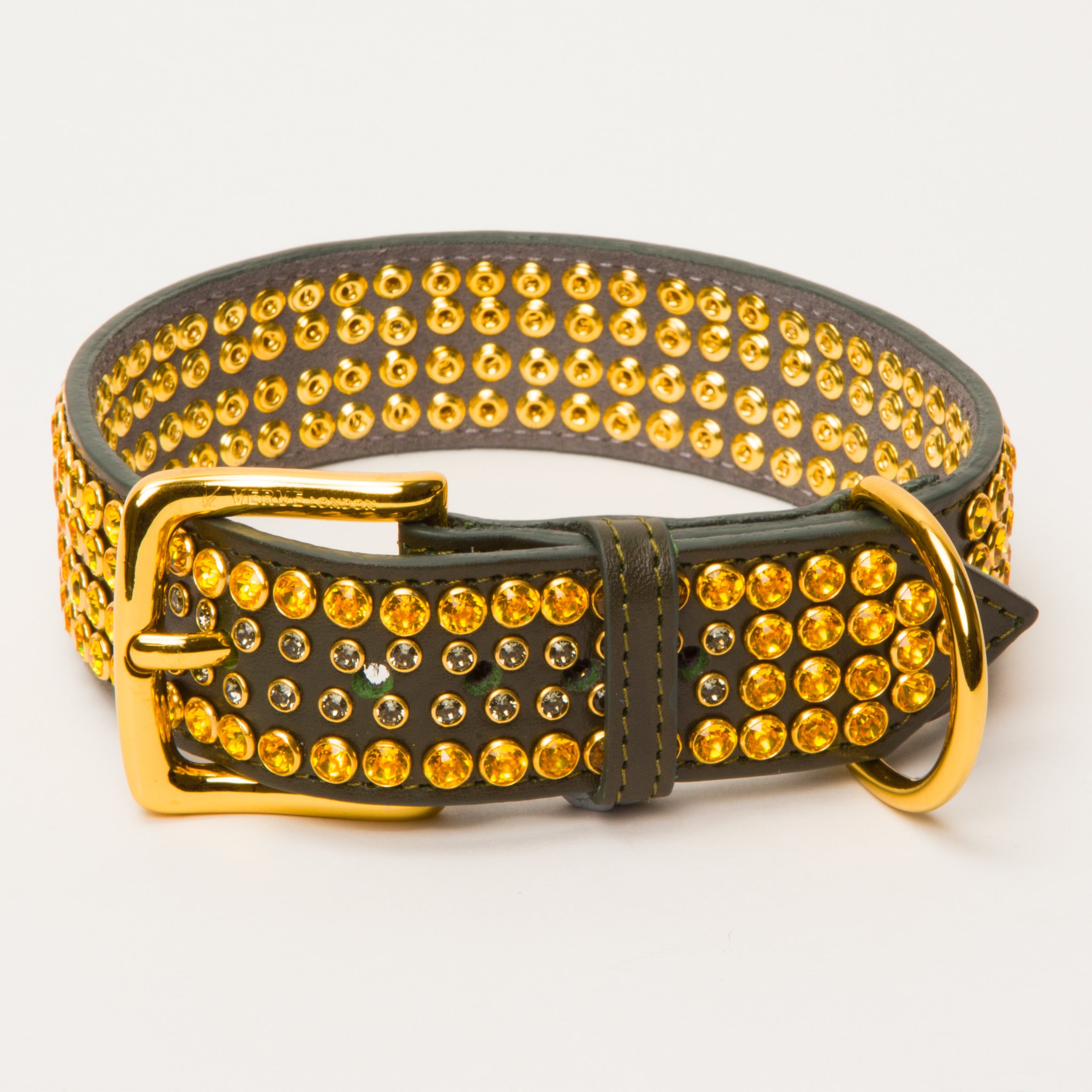 Luxury Swarovski 4 Row Sunflower Crystals Collar Medium to Large Dogs – Amazon Forrest Green – Leather Collar