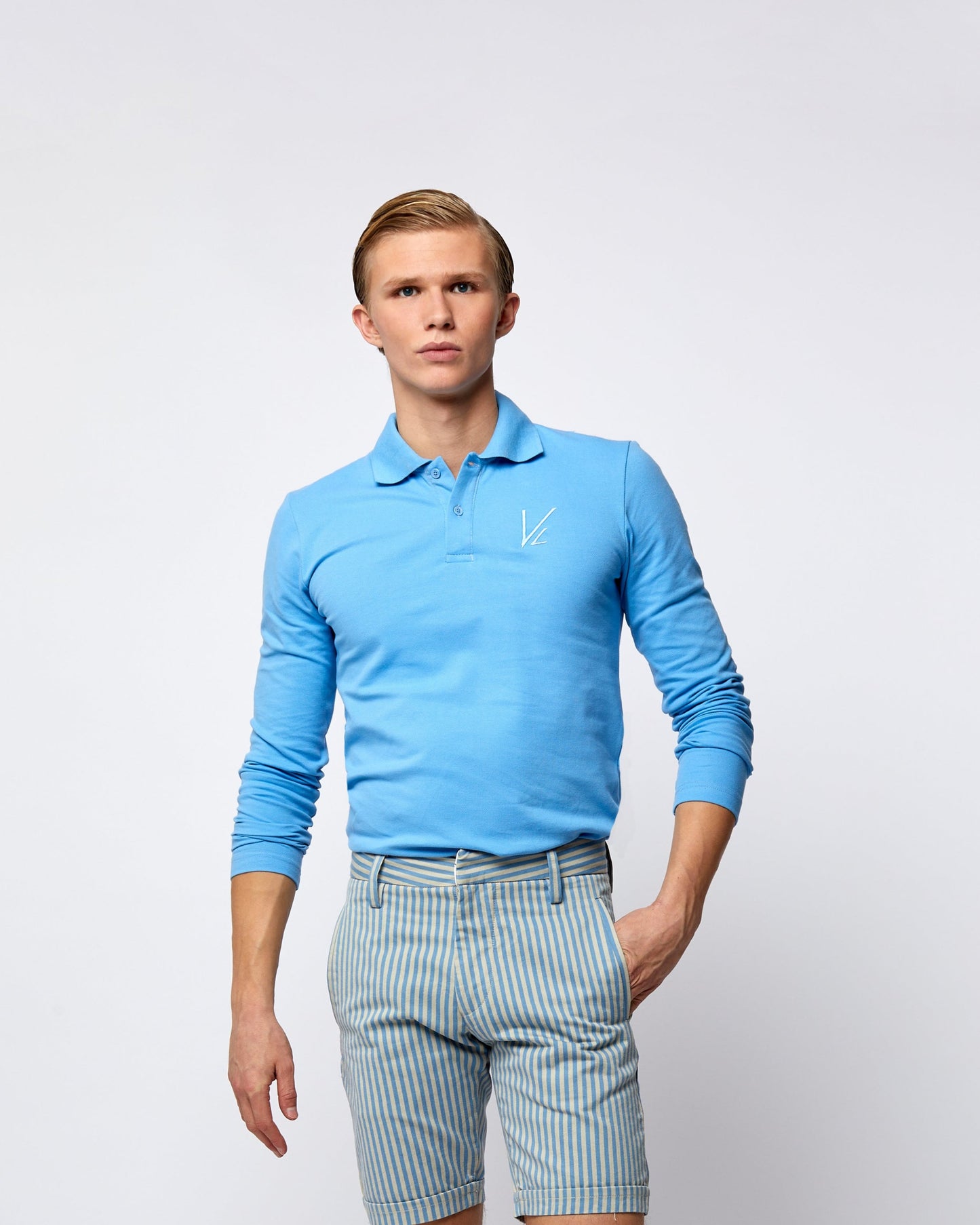 Long Sleeve Polo T-Shirt Light Blue