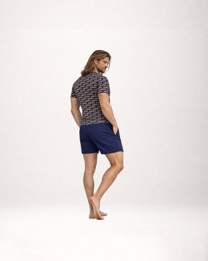 Short Sleeve Cotton T-Shirt Monogram Navy Blue