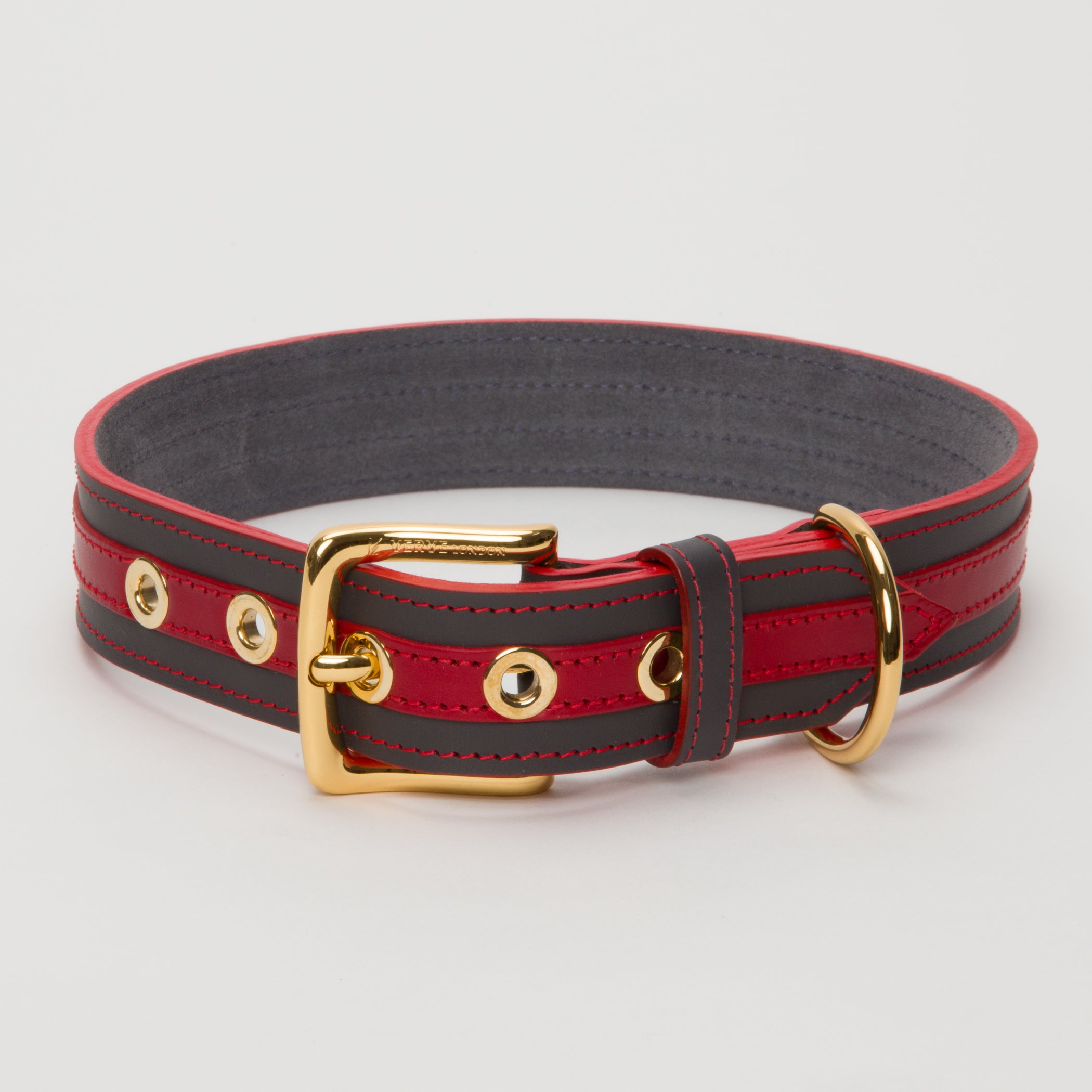 Luxury Leather Dog Collar Red on Grey  Medium & Large Dogs