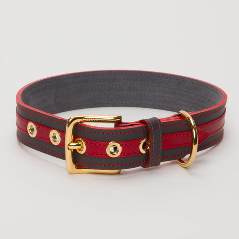 Load image into Gallery viewer, Luxury Leather Dog Collar Red on Grey with Eyelets Large and XLarge Breeds
