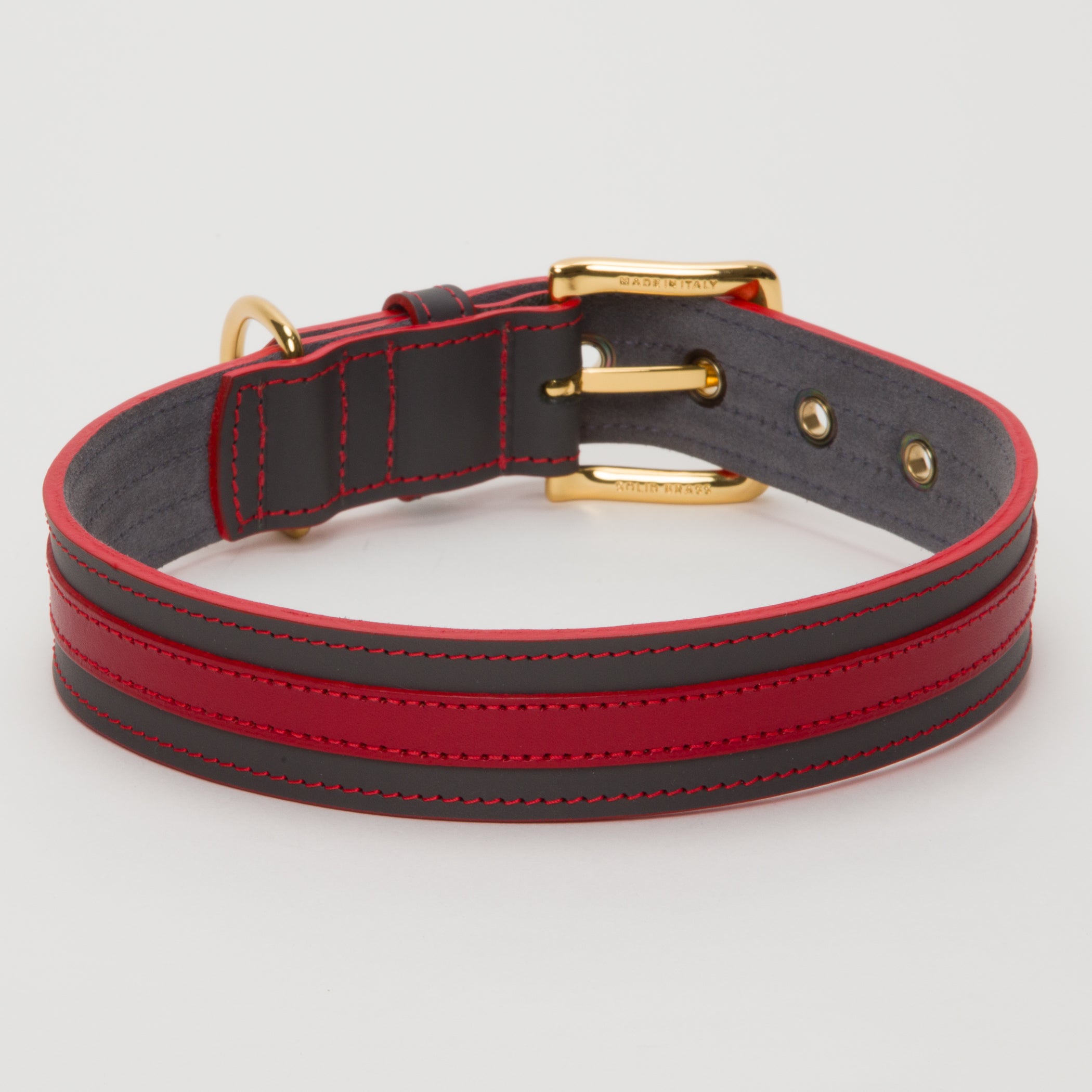 Luxury Leather Dog Collar Red on Grey with Eyelets Large and XLarge Breeds