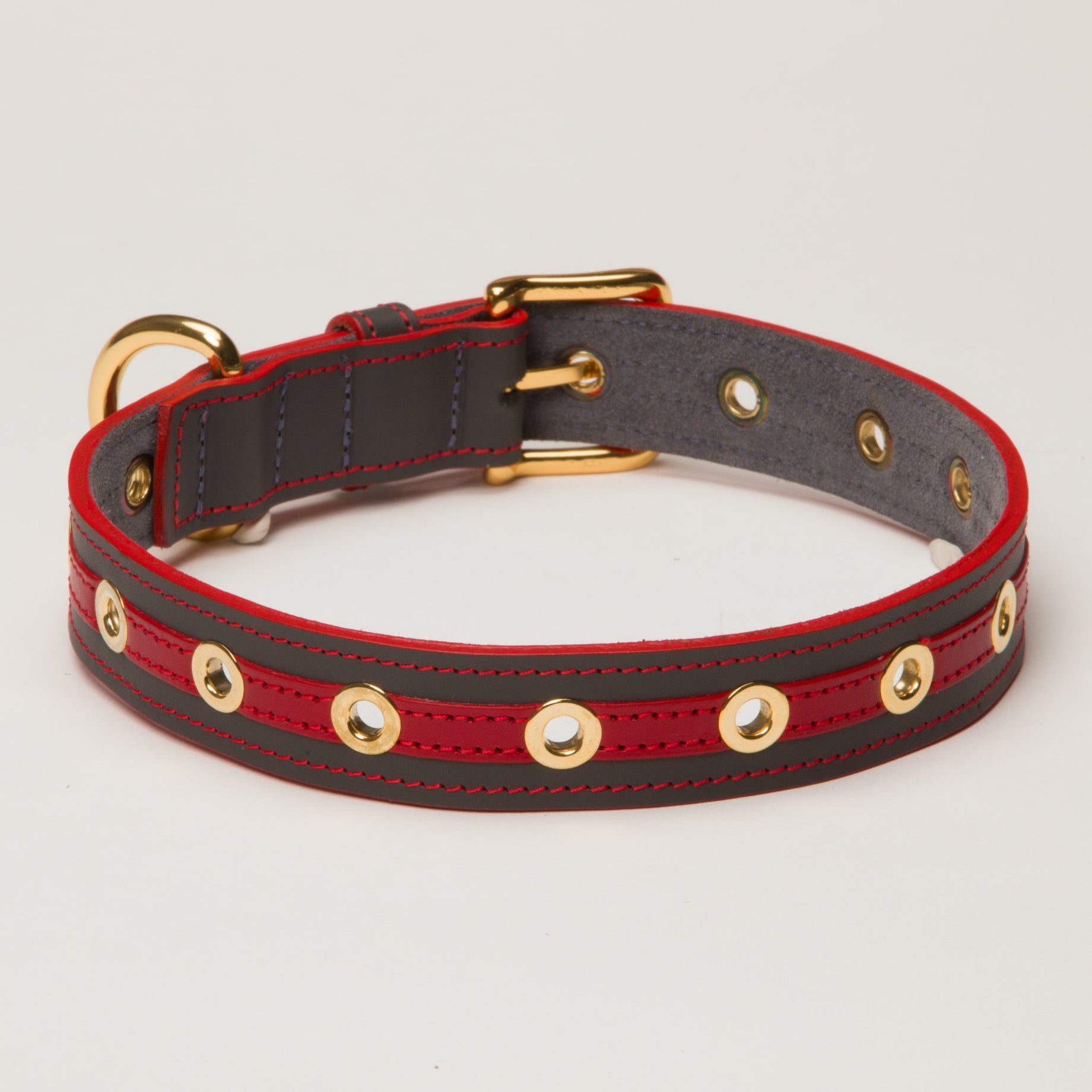 Luxury Leather Dog  Collar Red on Grey with Eyelets Medium Large and XLarge Breads