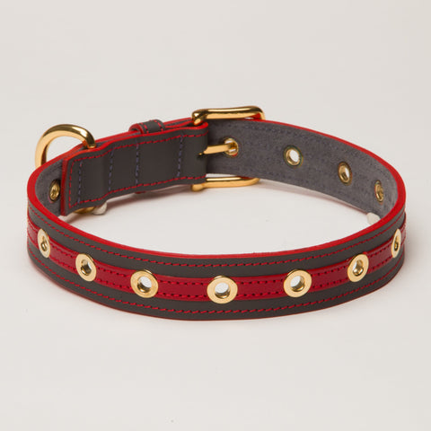 Load image into Gallery viewer, Luxury Leather Dog  Collar Red on Grey with Eyelets Medium Large and XLarge Breads
