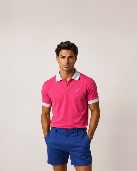 Short Sleeve Polo T-Shirt Hot Pink with Light Slate Grey Edging
